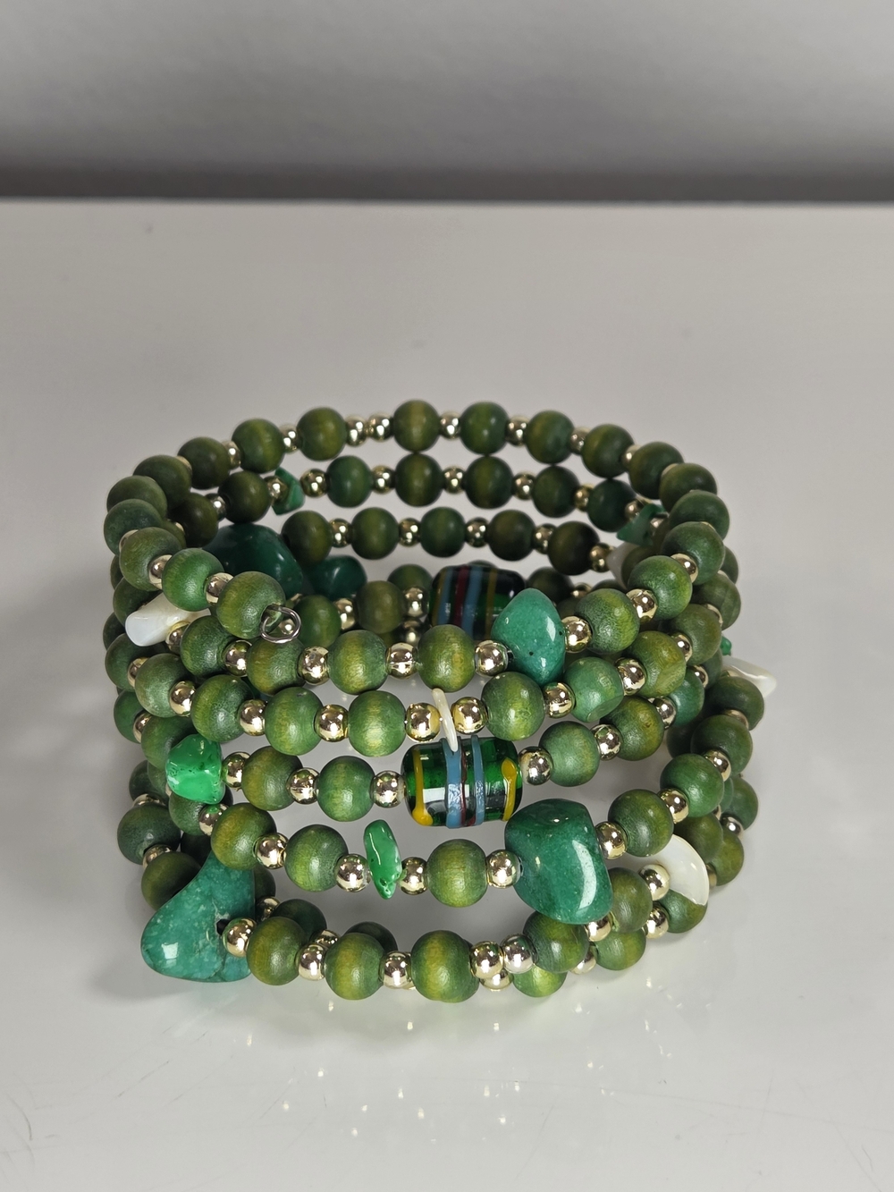 Boho Green Wood & Stone Wrap Bracelet | Multi-Strand Memory Wire Cuff